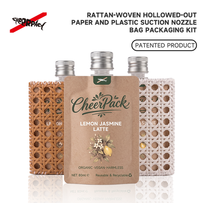 کیفیت  Reusable Rattan Woven Spout Pouch with Aluminum Cap | CheerPack Patented 100ml rattan-woven hollow-out spout pouch with reusable Sleeve and aluminum screw cap. Eco cosmetic packaging, OEM/ODM welcome. کارخانه