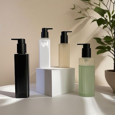 بطری مربع پلاستیکی PET با بسته بندی پمپ فشار برای بسته بندی مراقبت شخصی آرایشی در رنگ های سفارشی