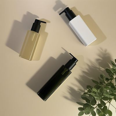 بطری مربع پلاستیکی PET با بسته بندی پمپ فشار برای بسته بندی مراقبت شخصی آرایشی در رنگ های سفارشی