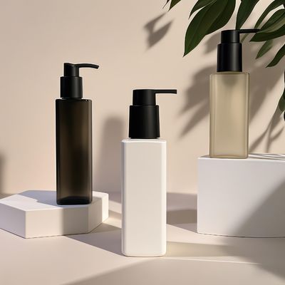 بطری مربع پلاستیکی PET با بسته بندی پمپ فشار برای بسته بندی مراقبت شخصی آرایشی در رنگ های سفارشی